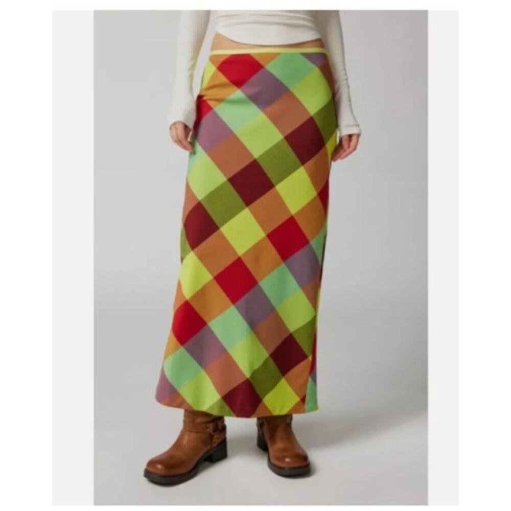 Urban Outfitters Janelle Plaid Skirt Maxi Long, Multicolor 2-way stretch XS NWT